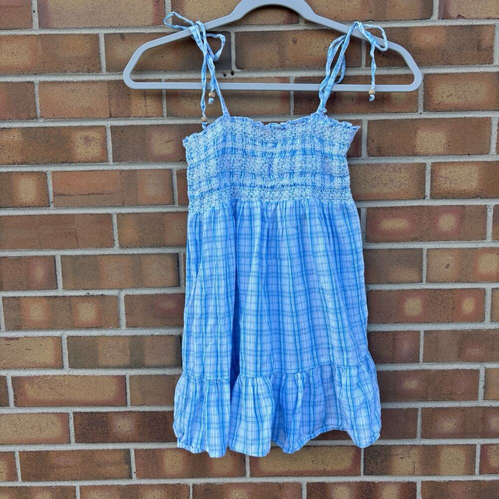 Aeropostale Womens Small Light Blue Plaid Smocked Top Tie Strappy